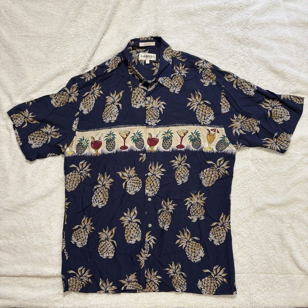 VTG Campia Moda Mens Hawaiian Pinapple Cocktails Button Shirt L Tropical